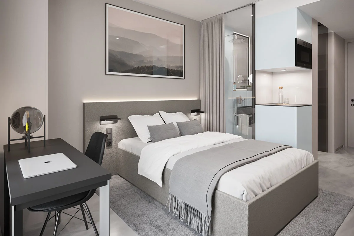 Nordic Blue Apartment mit Doppelbett, Tisch und heller Küche